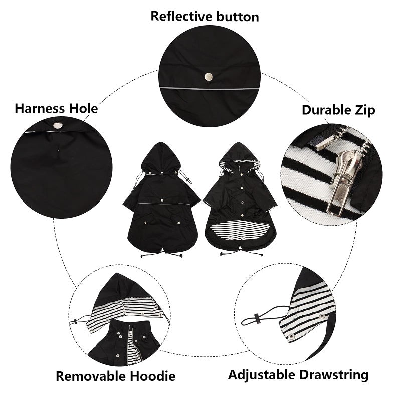 Morezi Dog Zip Up Raincoat with Reflective Buttons, Rain/Water Resistant, Adjustable Drawstring, Removable Hood, Raincoats with Legs 8lbs to 80lbs Available - Black - XL - Image 3